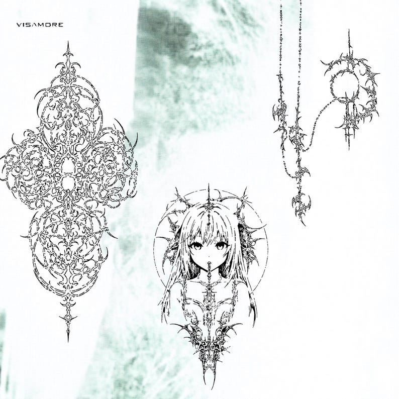K&ouml;nnte beinhalten: Schwarz-wei&szlig;e Strichzeichnungen mit gotisch inspirierten Designs. Das Bild enth&auml;lt ein kreuzf&ouml;rmiges Ornament, ein Portr&auml;t eines M&auml;dchens mit spitzen Details und eine h&auml;ngende Kette mit einem kreisf&ouml;rmigen Element. Das Wort "VISAMORE" steht oben links.