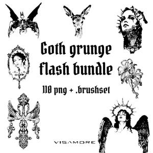 Lot de 110 tatouages flash art sombre - éléments gothiques grunge, bibliothèque à seuil noir, femme fatale PNG pour procréer, merch, streetwear