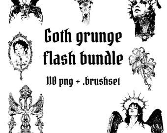 110 x Dark Art Tattoo Flash-bundel - Goth Grunge Assets, Noir Threshold Library, Femme Fatale, png voor procreate, merchandise en streetwear