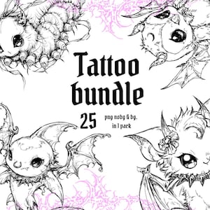 Gothic Coquette Tattoo Flash Pack - 25 Sweet x Spooky Tattoo Sketches Cute Animals with Horns, Wings, Spikes Matching Tattoo Bundle PNG