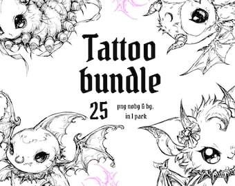 May include: Black and white tattoo bundle graphic with the text "Tattoo bundle" and "25 png nobg & bg. in 1 pack". The image features several fantasy creature illustrations with wings and large eyes.