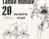 Flower Tattoo Bundle - Gothic Cybersigilism, chrome Tattoo Sketches - 20 High Resolution flash Designs (PNG 300 DPI)
