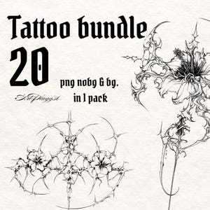 Conjunto de tatuajes de flores - Cibersigilismo gótico, bocetos de tatuajes cromados - 20 diseños Flash de alta resolución (PNG 300 DPI)