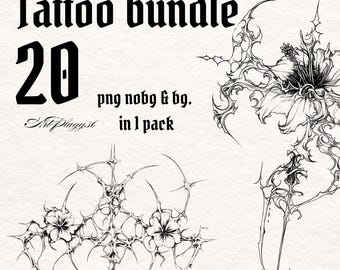 Blumen Tattoo Bundle - Gothic Cybersigilismus, Chrom Tattoo Skizzen - 20 hochauflösende Flash Designs (PNG 300 DPI)