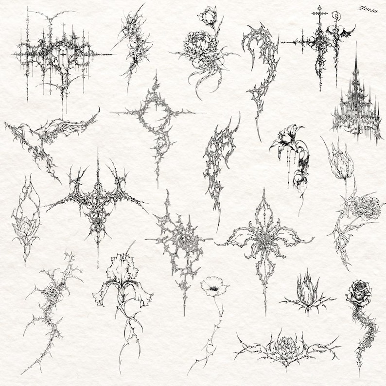100x Cybersigilism Gothic Tattoo Sketches - Dark Art Flash-bundel + Procreate-penselen afbeelding 6