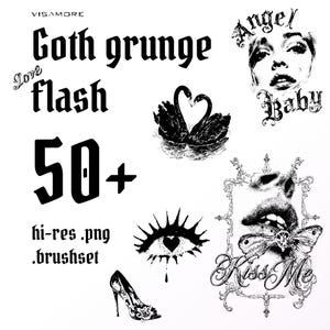 May include: A collection of black and white gothic grunge digital art elements. Features illustrations of swans, an eye with a heart, a high-heeled shoe, and the words "Goth grunge flash" and "Kiss Me".