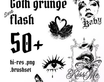 May include: Black and white digital art elements with a gothic grunge theme. Includes illustrations of swans, an eye with a heart, a high-heeled shoe, and the words "Goth grunge flash" and "Kiss Me".