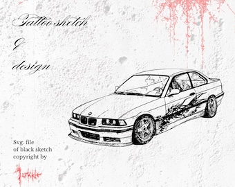 May include: Black and white tattoo sketch design of a car on a textured white background. The car features a detailed outline with a side graphic. Text includes "Tattoo sketch", "design", and "Svg. file of black sketch copyright by".