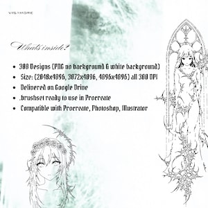 K&ouml;nnte beinhalten: Digitales Kunstpaket mit 300 Designs, darunter PNGs ohne Hintergrund und mit wei&szlig;em Hintergrund. Das Bild enth&auml;lt den Text "Whats inside?" und Details zu den Dateigr&ouml;&szlig;en und der Kompatibilit&auml;t mit Procreate, Photoshop und Illustrator. Das Bild zeigt auch zwei stilisierte Illustrationen.