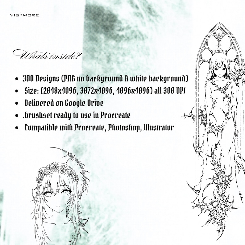 K&ouml;nnte beinhalten: Digitales Kunstpaket mit 300 Designs, darunter PNGs ohne Hintergrund und mit wei&szlig;em Hintergrund. Das Bild enth&auml;lt den Text "Whats inside?" und Details zu den Dateigr&ouml;&szlig;en und der Kompatibilit&auml;t mit Procreate, Photoshop und Illustrator. Das Bild zeigt auch zwei stilisierte Illustrationen.