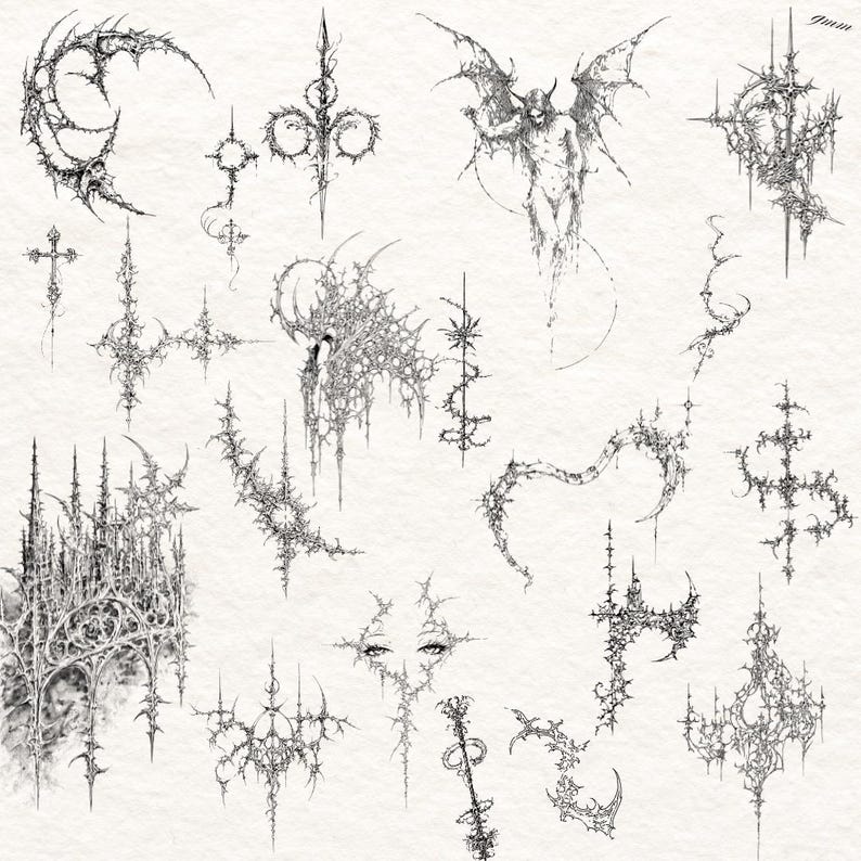 100x Cybersigilism Gothic Tattoo Sketches - Dark Art Flash-bundel + Procreate-penselen afbeelding 4