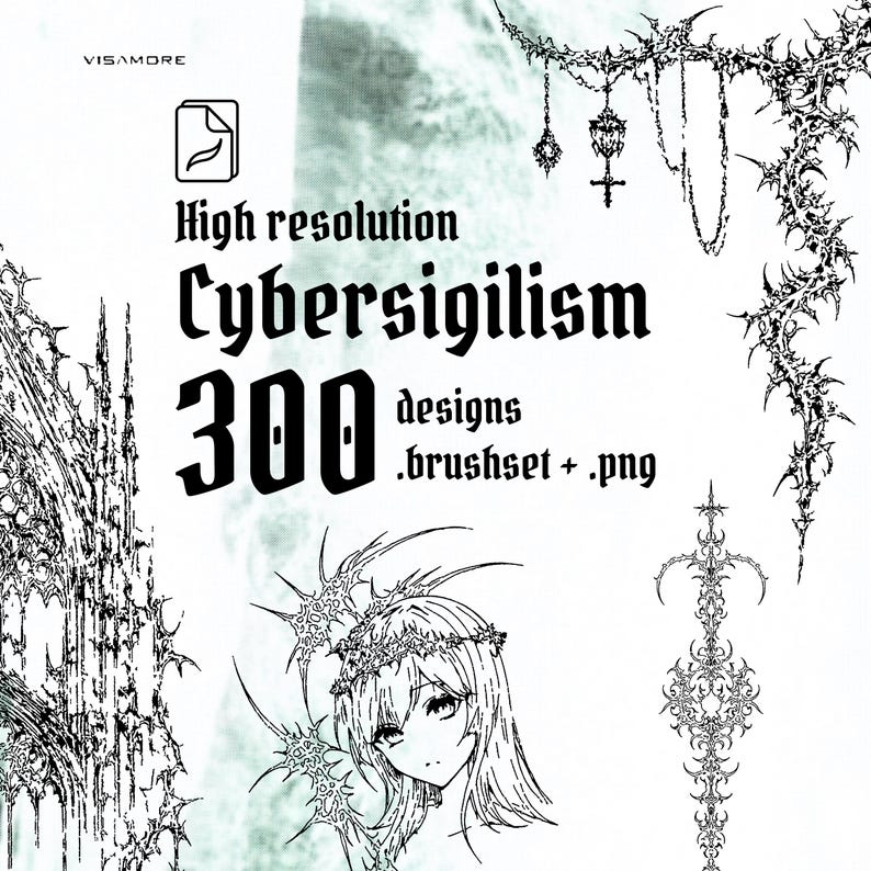 K&ouml;nnte beinhalten: Digitales Kunstdesign mit dem Text "High resolution Cybersigilism" und "300 designs .brushset + .png". Das Bild zeigt gotische Illustrationen und ein Portr&auml;t einer Frau mit Krone.