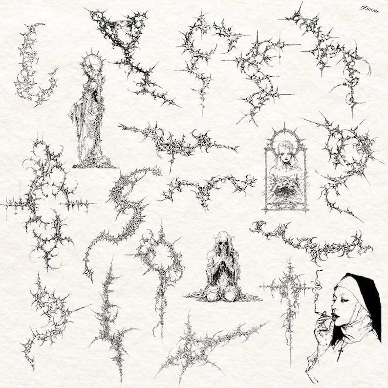 100x Cybersigilism Gothic Tattoo Sketches - Dark Art Flash-bundel + Procreate-penselen afbeelding 7