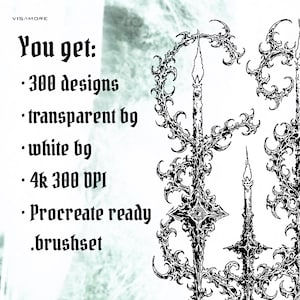 K&ouml;nnte beinhalten: Schwarz-Wei&szlig;-Digital-Art-Designs mit kunstvollen Illustrationen im gotischen Stil. Der Text lautet: "You get: 300 designs, transparent bg, white bg, 4k 300 DPI, Procreate ready, .brushset."