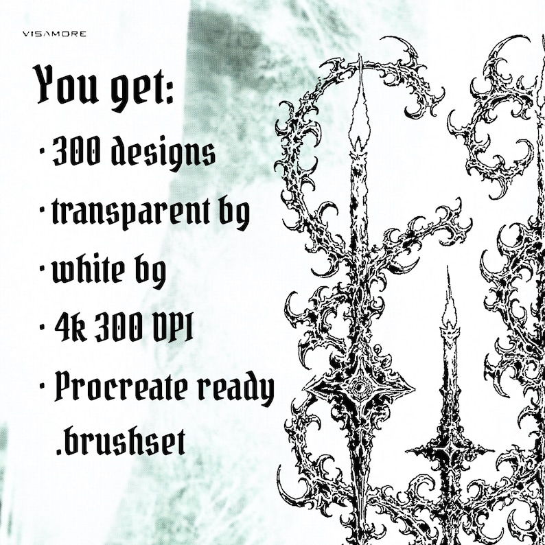K&ouml;nnte beinhalten: Schwarz-Wei&szlig;-Digital-Art-Designs mit kunstvollen Illustrationen im gotischen Stil. Der Text lautet: "You get: 300 designs, transparent bg, white bg, 4k 300 DPI, Procreate ready, .brushset."