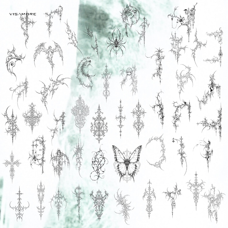 K&ouml;nnte beinhalten: Eine Sammlung schwarz-wei&szlig;er Illustrationen im gotischen Stil. Die Designs umfassen eine Fledermaus, eine Spinne, einen Schmetterling, Kreuze und abstrakte Formen. Das Wort "VISAMORE" ist zu sehen. Die Illustrationen sind detailliert und aufwendig.