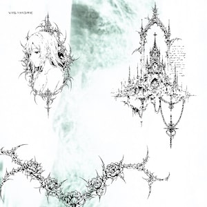 K&ouml;nnte beinhalten: Schwarz-Wei&szlig;-Illustrationen auf wei&szlig;em Hintergrund. Das Bild zeigt ein Frauenportr&auml;t, eine gotische Kathedrale und ein Blumendesign mit Dornen. Das Wort "VISAMORE" ist oben links zu sehen.