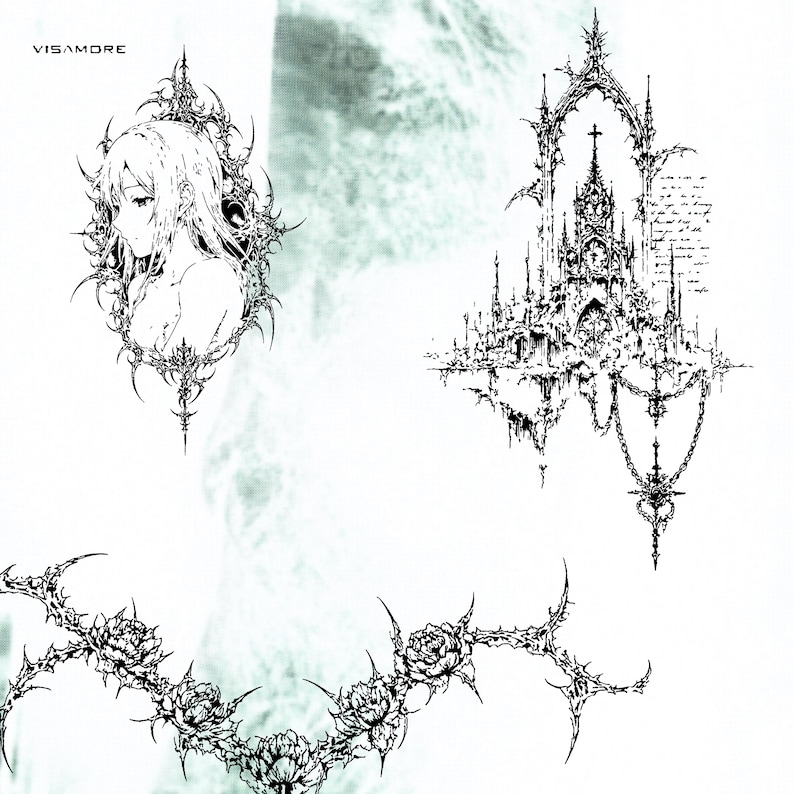 K&ouml;nnte beinhalten: Schwarz-Wei&szlig;-Illustrationen auf wei&szlig;em Hintergrund. Das Bild zeigt ein Frauenportr&auml;t, eine gotische Kathedrale und ein Blumendesign mit Dornen. Das Wort "VISAMORE" ist oben links zu sehen.