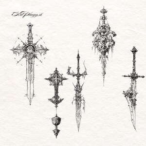 Puede incluir: Ilustraci&oacute;n detallada en blanco y negro de varias espadas ornamentadas y un c&aacute;liz. Los dise&ntilde;os presentan detalles intrincados y elementos de inspiraci&oacute;n g&oacute;tica. El texto "ArtPluggs6" es visible.