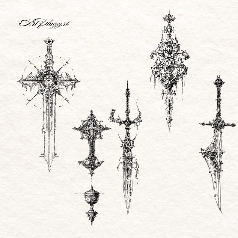 Puede incluir: Ilustraci&oacute;n detallada en blanco y negro de varias espadas ornamentadas y un c&aacute;liz. Los dise&ntilde;os presentan detalles intrincados y elementos de inspiraci&oacute;n g&oacute;tica. El texto "ArtPluggs6" es visible.