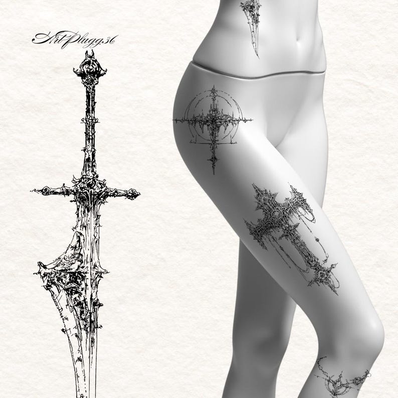 Puede incluir: Ilustraci&oacute;n en blanco y negro de una espada detallada con una empu&ntilde;adura y una hoja ornamentadas. La imagen tambi&eacute;n presenta arte corporal de un dise&ntilde;o de cruz en una pierna y otras &aacute;reas. El texto "Art Pluggs6" est&aacute; en la esquina superior izquierda.