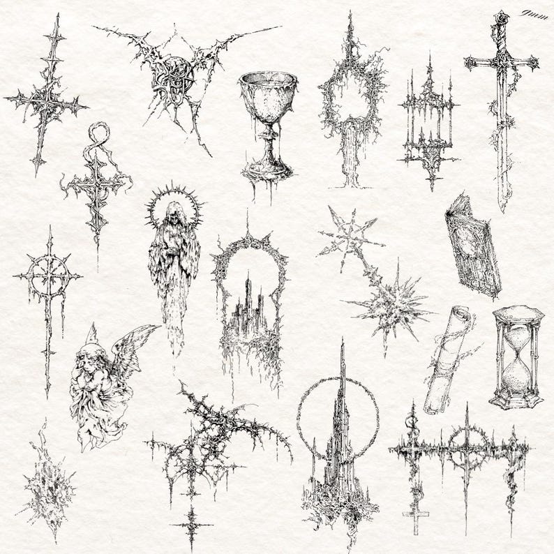 100x Cybersigilism Gothic Tattoo Sketches - Dark Art Flash-bundel + Procreate-penselen afbeelding 5