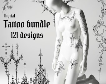 121 x tattoo-ontwerpen gothic, tribal en cybersigilisme - donkere kunst Flash PNG-bundel voor voortplanting, kleding en afdrukken
