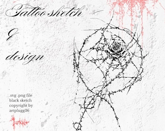 May include: Black and white tattoo design of a rose surrounded by thorns. The design is labeled "Tattoo Sketch & Design".