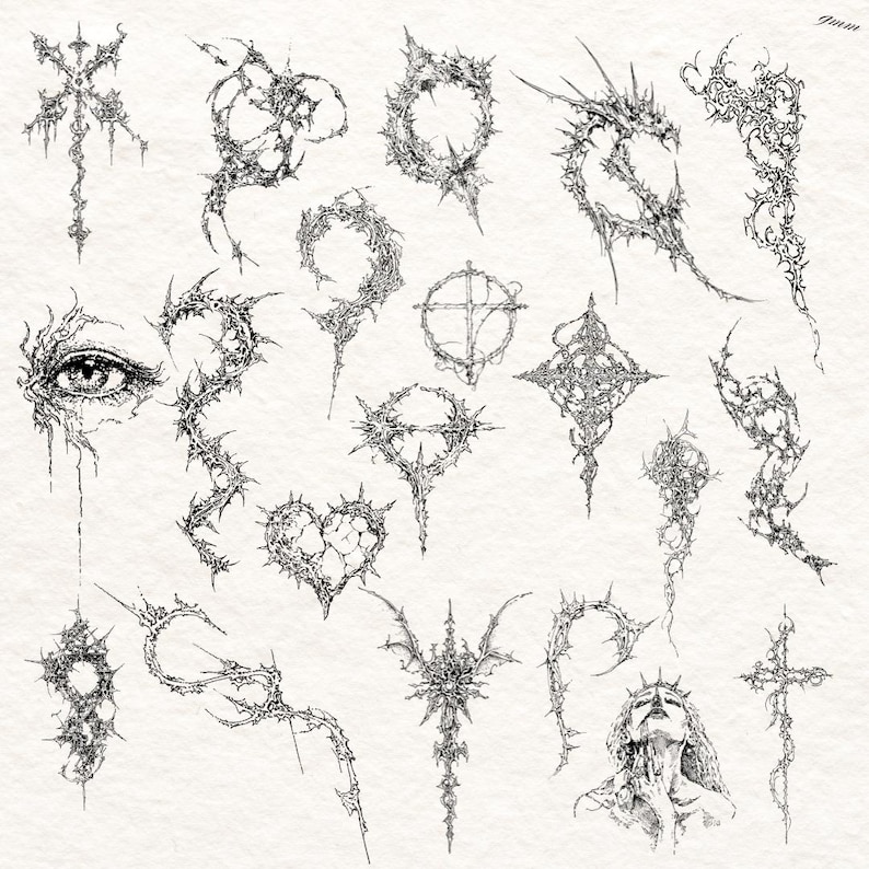 100x Cybersigilism Gothic Tattoo Sketches - Dark Art Flash-bundel + Procreate-penselen afbeelding 8