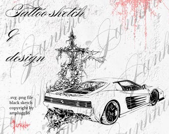 May include: Black and white line art tattoo design featuring a car with a cross growing out of the back. The text "tattoo sketch design" is written in cursive at the top of the image.