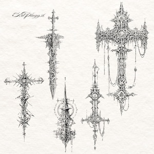 Puede incluir: Ilustraciones detalladas en blanco y negro de espadas y cruces ornamentadas. Los dise&ntilde;os presentan patrones intrincados y adornos. El texto "Art Plugg.6" est&aacute; en la esquina superior izquierda. La obra tiene un tema g&oacute;tico o de fantas&iacute;a.