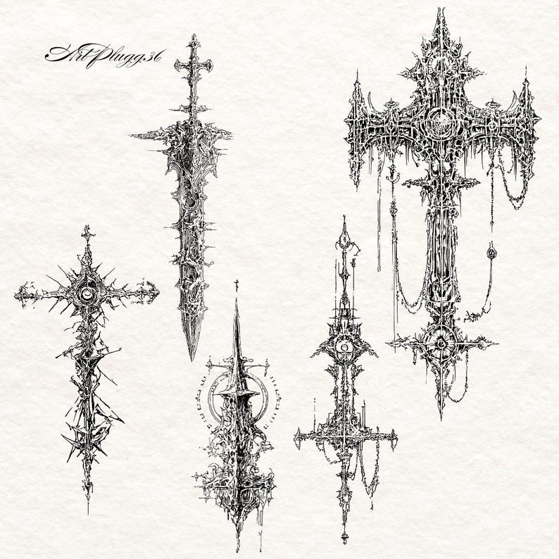 Puede incluir: Ilustraciones detalladas en blanco y negro de espadas y cruces ornamentadas. Los dise&ntilde;os presentan patrones intrincados y adornos. El texto "Art Plugg.6" est&aacute; en la esquina superior izquierda. La obra tiene un tema g&oacute;tico o de fantas&iacute;a.