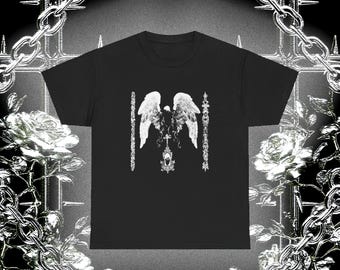 May include: Black t-shirt featuring a white graphic of angel wings and ornate details. The design includes vertical lines and a central emblem. The word "ISAMORE" is printed at the bottom of the shirt.