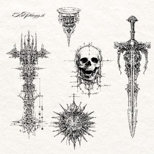 Puede incluir: Ilustraciones detalladas en blanco y negro de objetos de estilo g&oacute;tico. La imagen incluye una cruz, una calavera, una espada, un sol con p&uacute;as y un objeto en forma de c&aacute;liz. El texto "ArtPluggs6" est&aacute; escrito en la esquina superior izquierda.