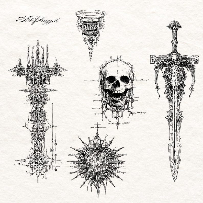 Puede incluir: Ilustraciones detalladas en blanco y negro de objetos de estilo g&oacute;tico. La imagen incluye una cruz, una calavera, una espada, un sol con p&uacute;as y un objeto en forma de c&aacute;liz. El texto "ArtPluggs6" est&aacute; escrito en la esquina superior izquierda.