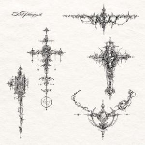 Puede incluir: Ilustraciones detalladas en blanco y negro de cruces g&oacute;ticas y dise&ntilde;os ornamentales. La imagen presenta m&uacute;ltiples variaciones de cruces con detalles intrincados, junto con el texto "ArtPluggs6".