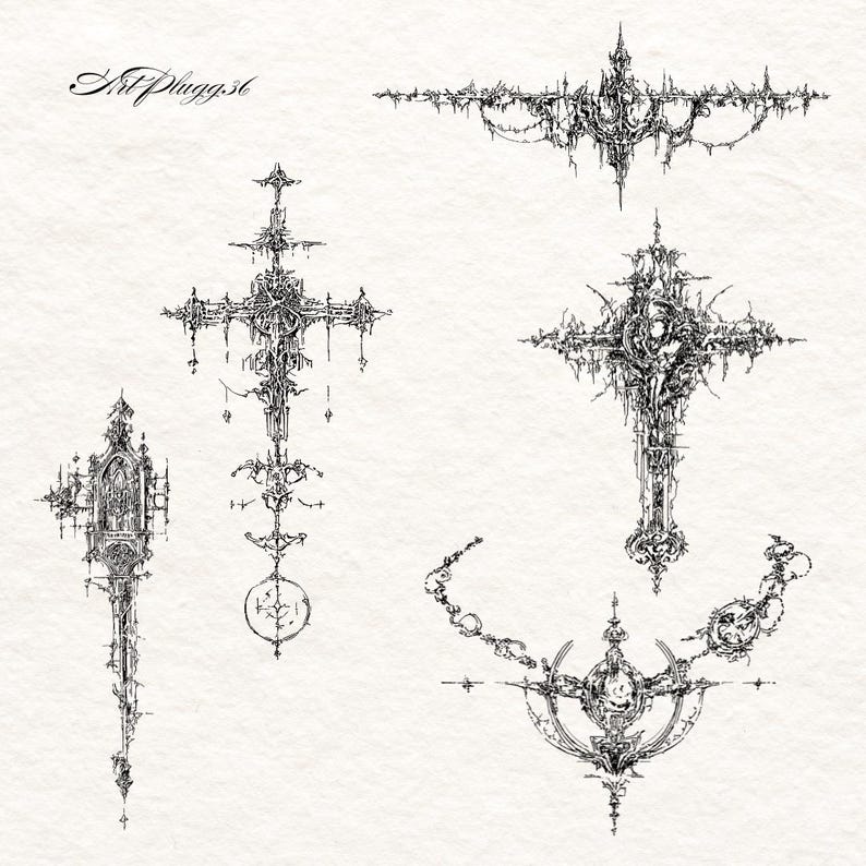 Puede incluir: Ilustraciones detalladas en blanco y negro de cruces g&oacute;ticas y dise&ntilde;os ornamentales. La imagen presenta m&uacute;ltiples variaciones de cruces con detalles intrincados, junto con el texto "ArtPluggs6".