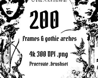 May include: Black and white digital art featuring two female faces and ornate gothic-style frames. The image includes the text "VISAMORE", "200 Frames & gothic arches", "4k 300 DPI .png", and "Procreate .brushset".
