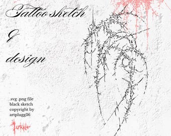 May include: Black and white line art tattoo design of a thorny branch with a swirling pattern. The design is labeled "Tattoo Sketch & Design".