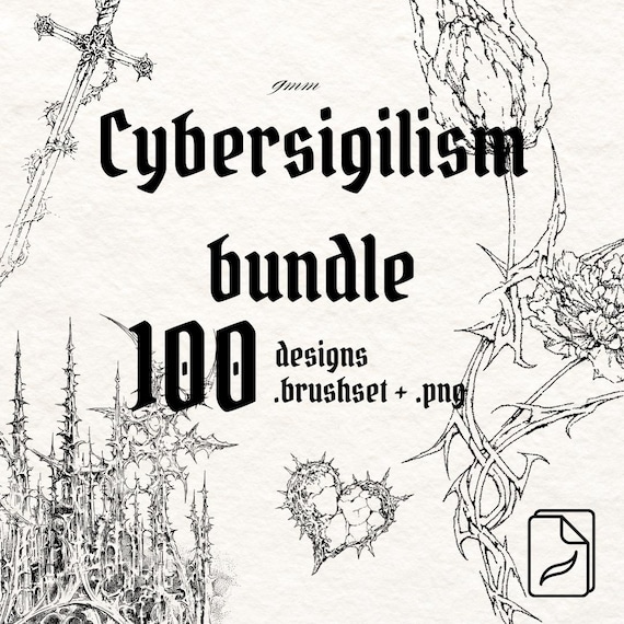 100x Cybersigilism Gothic Tattoo Sketches - Dark Art Flash Bundle + Procreate Brushset