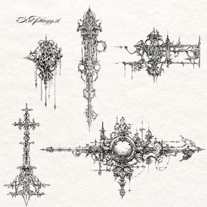 Puede incluir: Dibujos detallados en blanco y negro a pluma y tinta de elementos arquitect&oacute;nicos g&oacute;ticos ornamentados. La imagen incluye varios dise&ntilde;os complejos, incluyendo cruces y estructuras alargadas, con el texto "ArtPlugg.36" en la esquina superior izquierda.