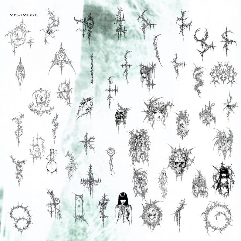 K&ouml;nnte beinhalten: Eine Sammlung von schwarz-wei&szlig;en Illustrationen im Gothic-Stil. Die Designs umfassen Sch&auml;del, Kreuze und andere dunkle, stachelige und verzierte Elemente. Das Wort "VISAMORE" ist zu sehen.