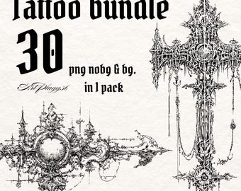 Cybersigilisme Flash-ontwerpbundel - 30 decoratieve donkere kunst Gothic Horror Tattoo schetsen afdrukbaar ontwerp voor voortplanting, kleding, kunst aan de muur
