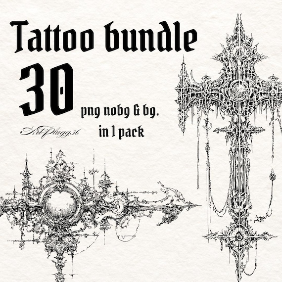 Cybersigilism Flash Design Bundle - 30 Ornamental Dark art Gothic Horror Tattoo Sketches Printable Design for Procreate, Clothing, Wall Art