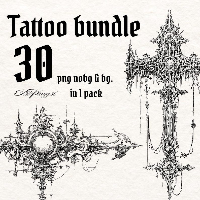 Puede incluir: Gr&aacute;fico de paquete de tatuajes en blanco y negro con el texto "Tattoo bundle 30 png nobg & bg. in 1 pack". La imagen presenta dos dise&ntilde;os de cruces detallados y otros elementos ornamentados.