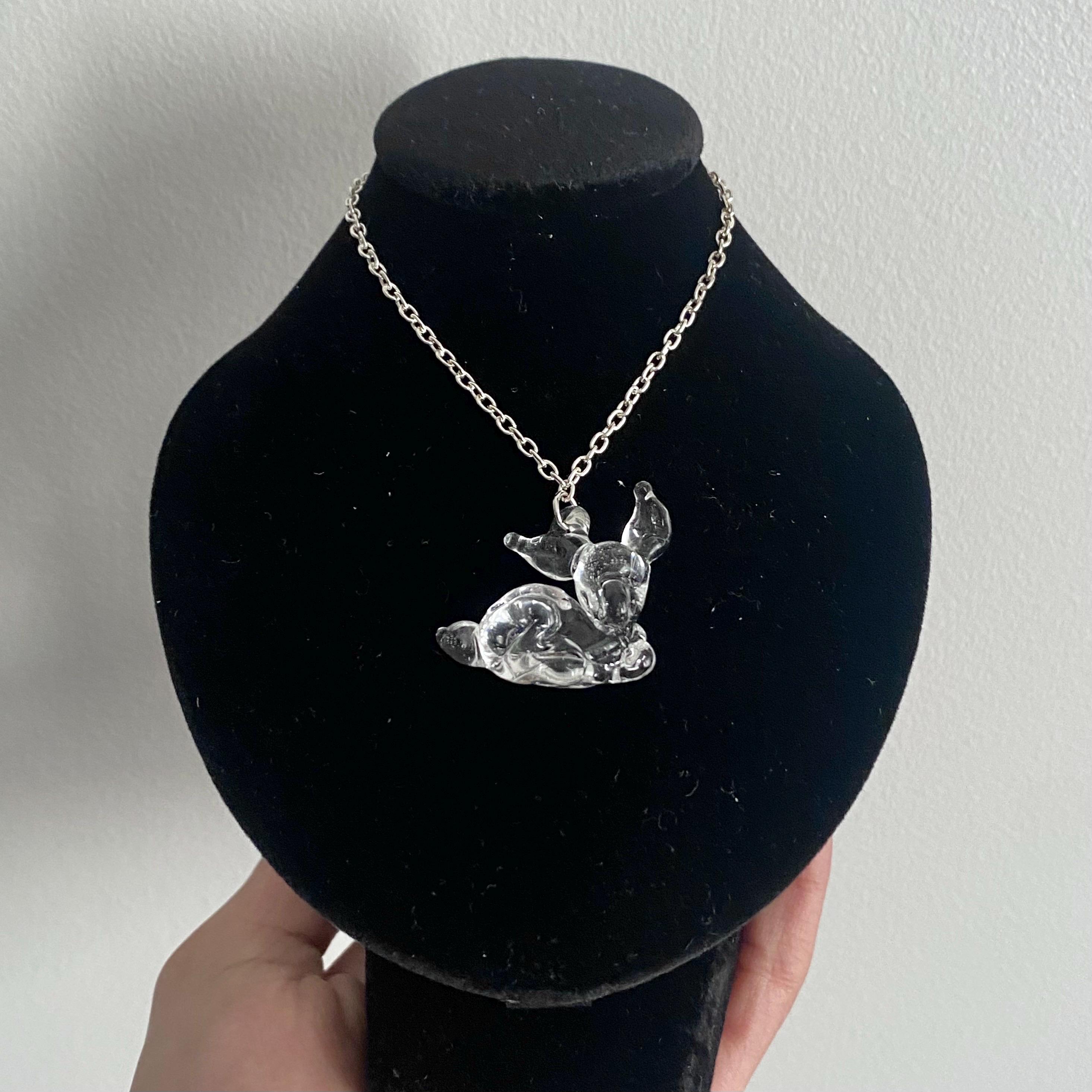 Glass Fawn Figurine Pendant Necklace | Baby Deer Sculptural Jewelry| Intricate Crystal Woodland Creature Aesthetic | Statement Piece