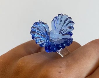 Glass Bluebell Ring | Intricate Crystal Floral Jewelry | Statement Piece