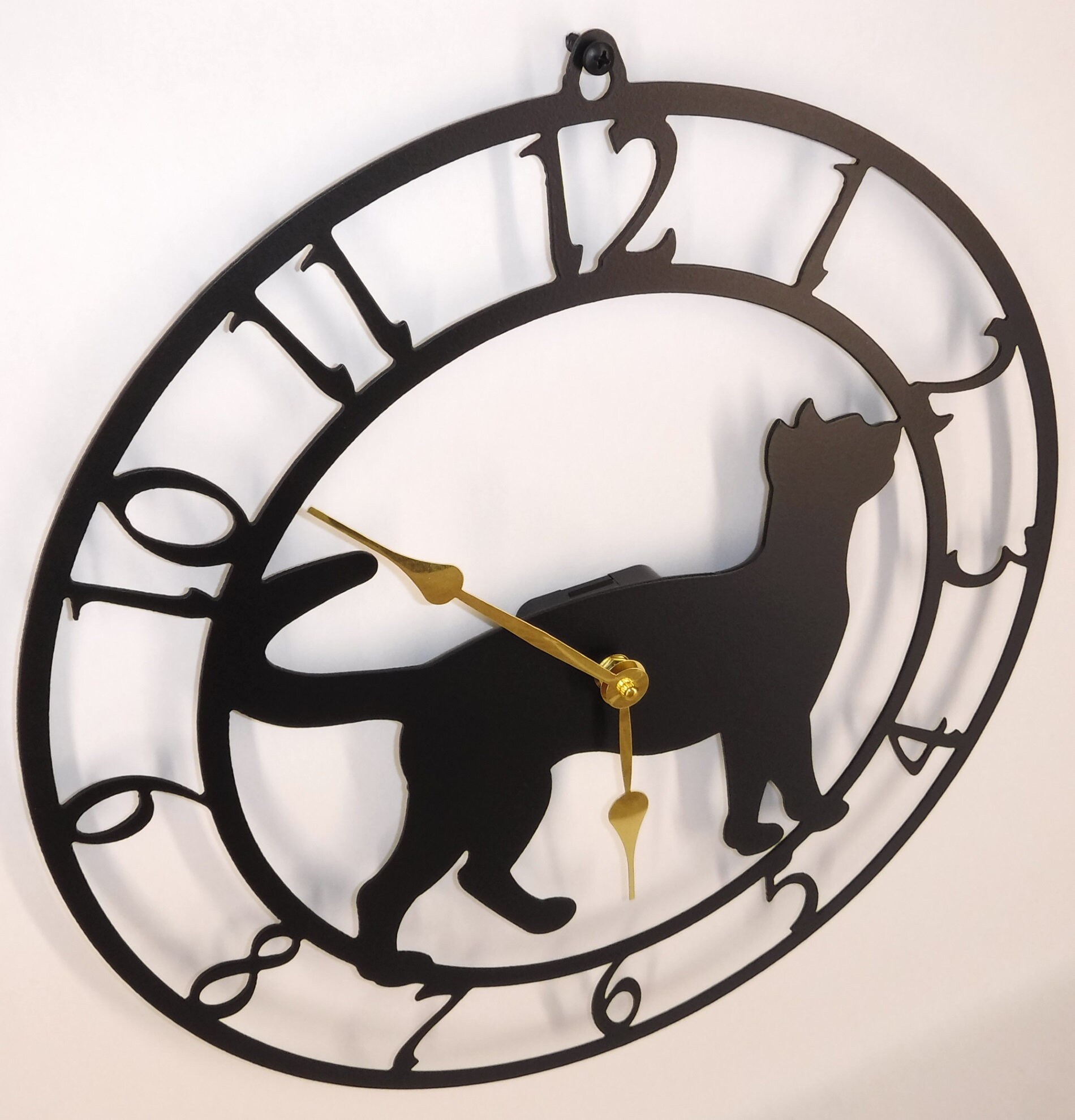 Cat Wall Clock. Satin Black with Brass Hands. Kitten. Solid Etsy.de