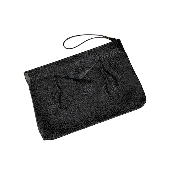 Vintage Oversized Black Pebbled Textured Large Leather Clutch Handbag Bag Purse
