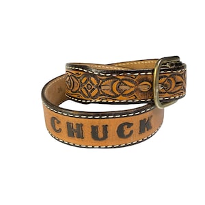 Vintage Tooled Stamped Leather CHUCK Name Floral Flower Brown Belt Size 36